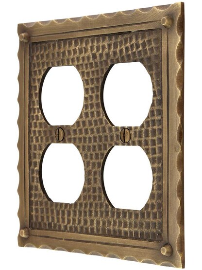 Bungalow Style Double Duplex Outlet Cover Plate In Antique Brass.